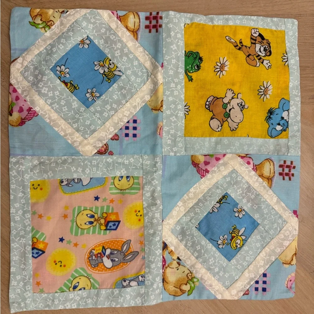 Handmade Patchwork Baby Quilt/Comforter - Vintage Print Fabric - 45”x45”